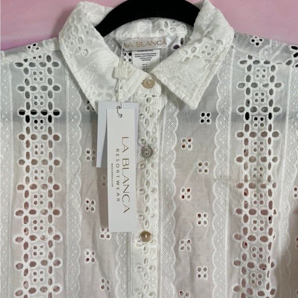 La Blanca Swim Suit Coverup NEW White Eyelet Button-Up Shirt - Picture 7 of 12